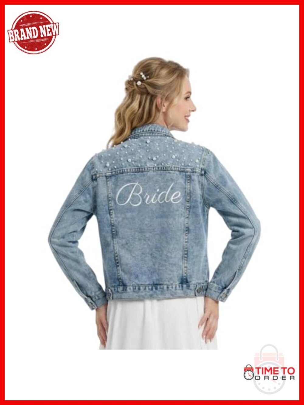 Bride Denim Jacket with Pearl Embellishments, Embroidered Back, Wedding